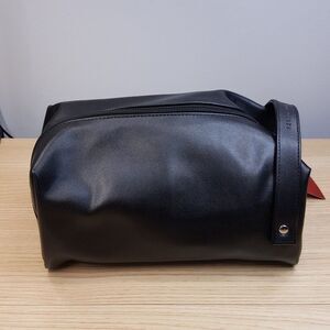 PERRY ELLIS Mens Black Faux Leather Zip Case Travel Shave Toiletry Kit Bag Pouch